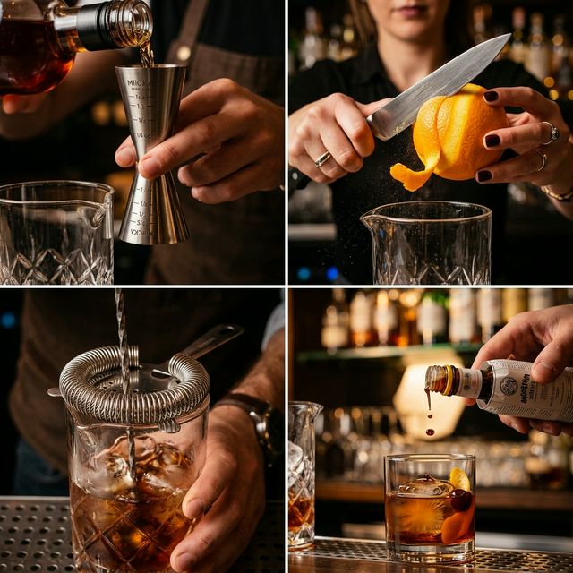 Close-up of cocktail making process with jigger, strainer, and bitters
