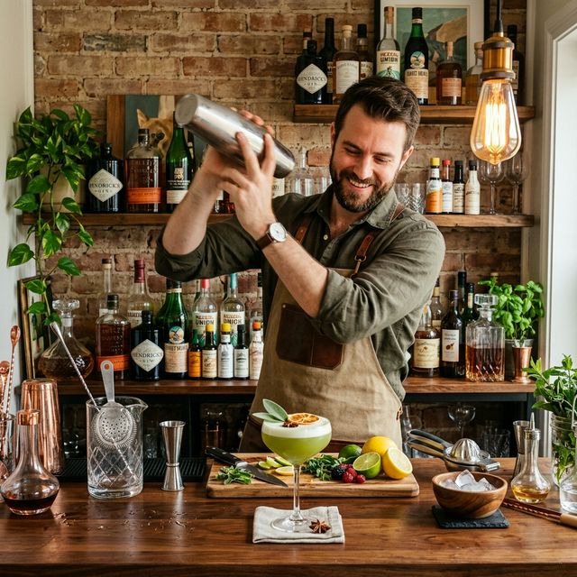 Home bartender crafting cocktail at well-equipped home bar with premium tools