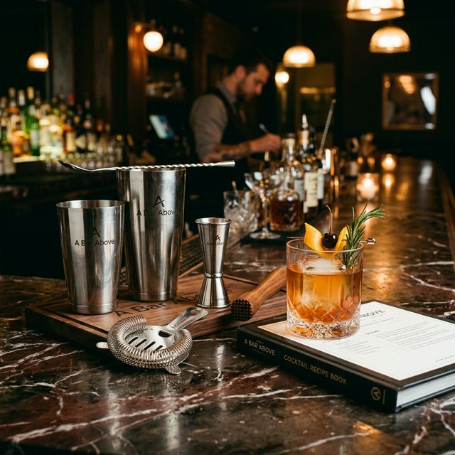 A Bar Above premium cocktail bar tools set with Boston shaker, jigger, and craft cocktail