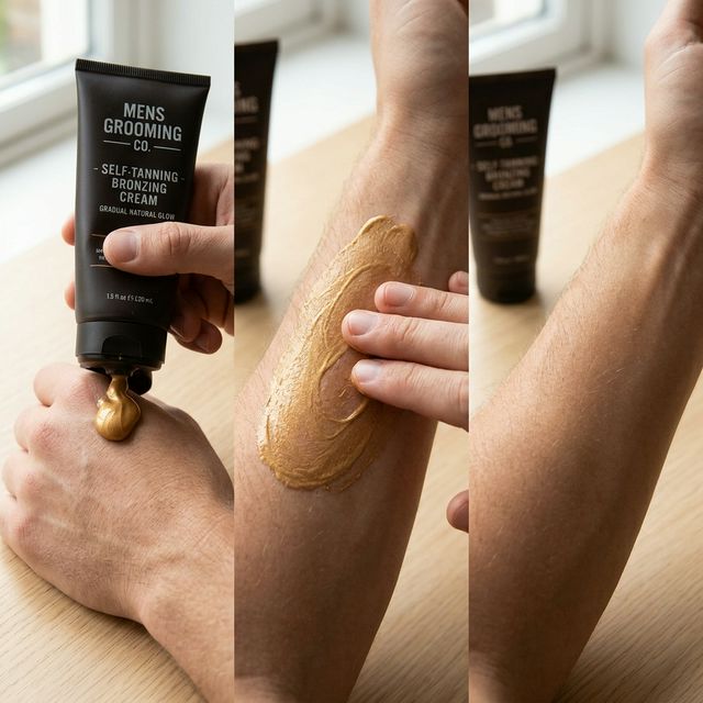 Close-up of men's self-tanning bronzing cream texture and application on skin
