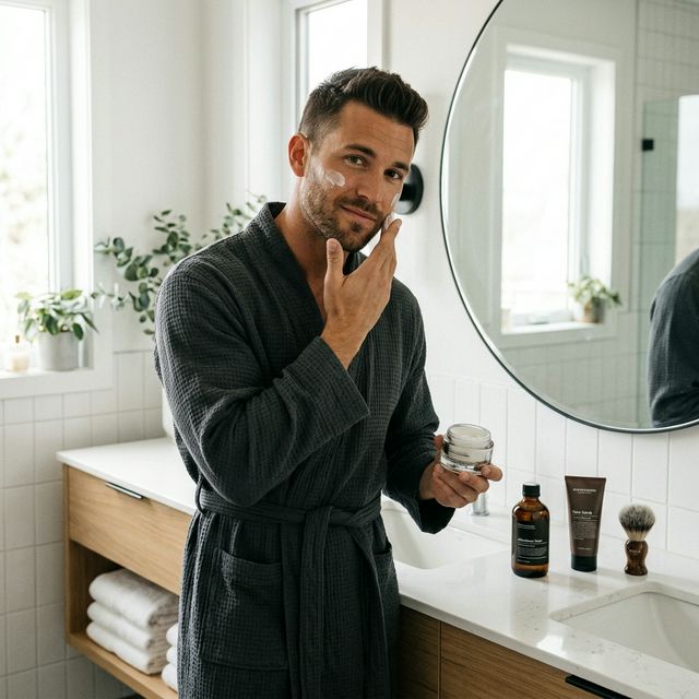 Well-groomed man applying Bro Glo moisturizer in a modern bathroom