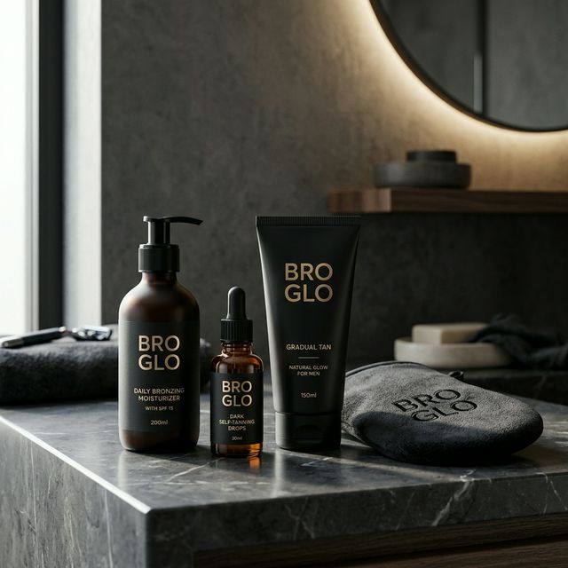 Bro Glo men's bronzing moisturizer and self-tanning products on marble bathroom vanity