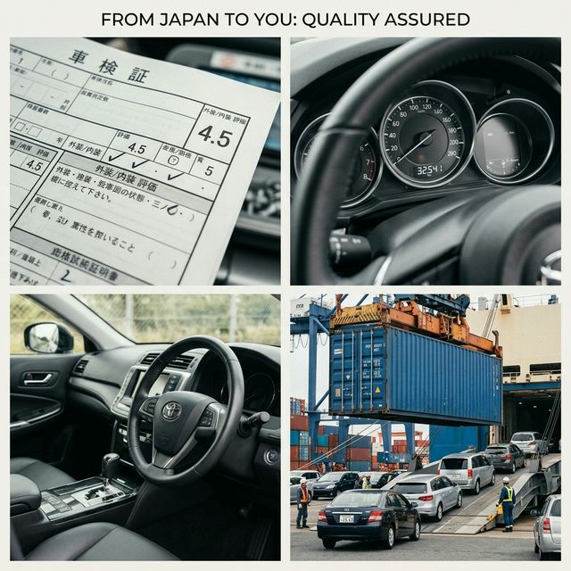 Japanese used car buying process showing inspection report, interior, and shipping process