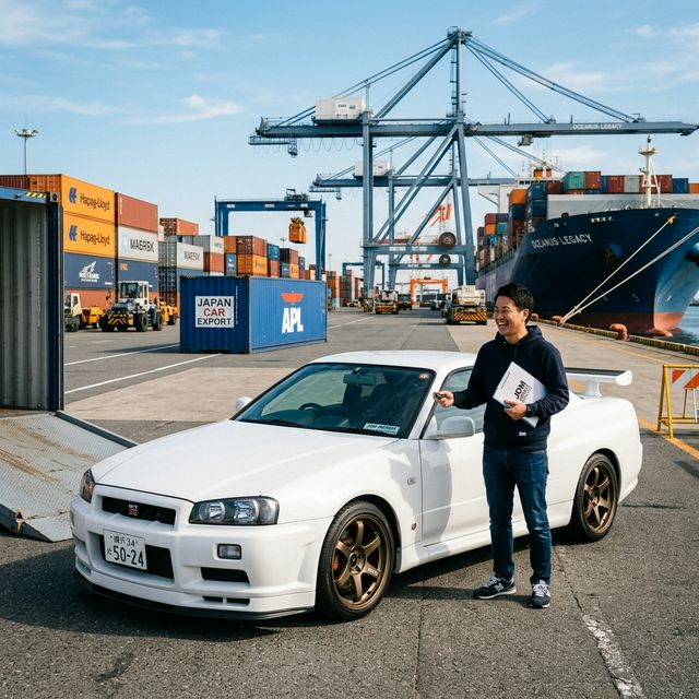 Happy car enthusiast receiving imported JDM vehicle at shipping port