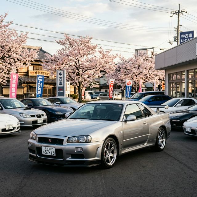 Pristine Japanese used car at a JDM dealership lot with cherry blossom trees