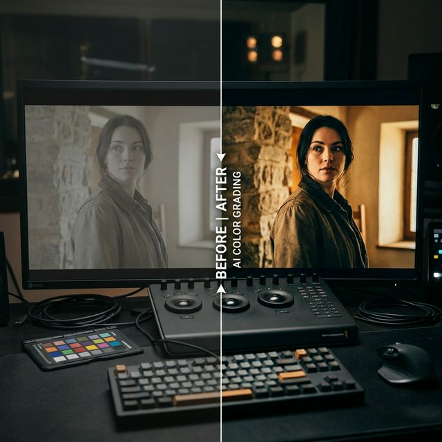 Before and after comparison of AI color grading showing flat footage transformed to cinematic look