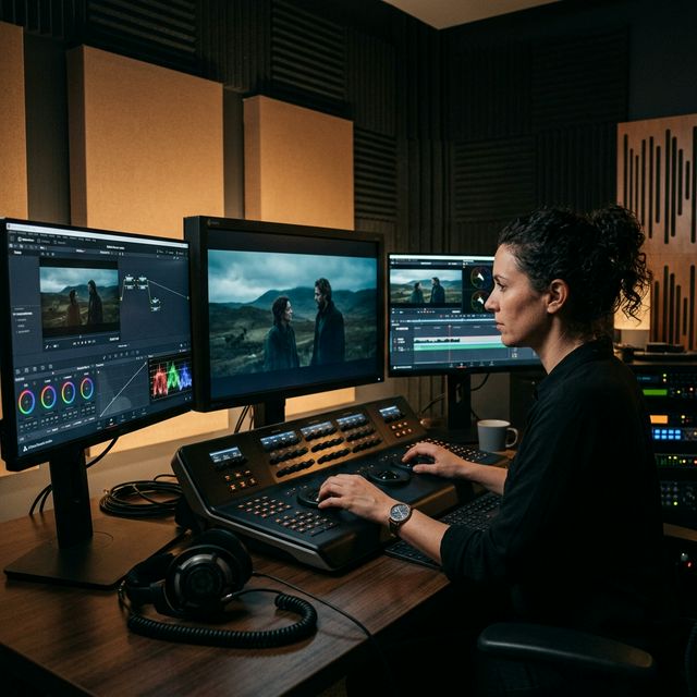 Professional colorist working in a color grading suite with calibrated monitors and control surface