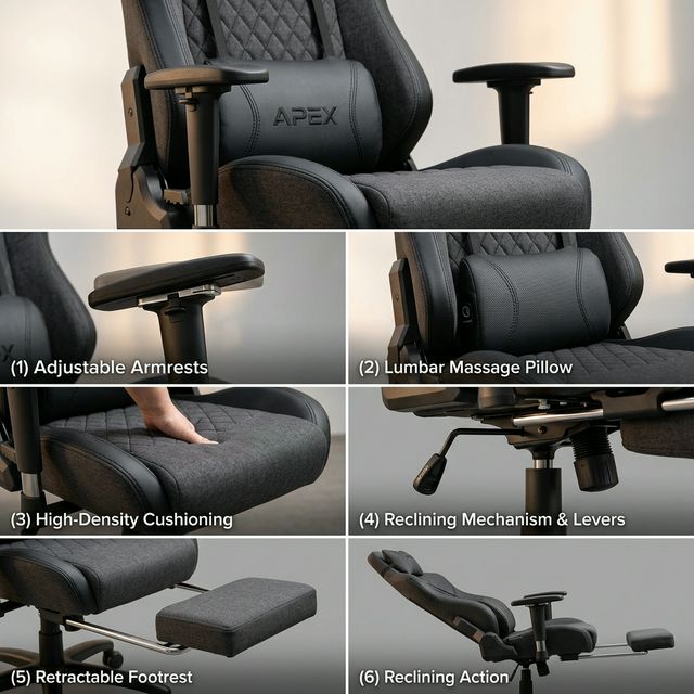 Close-up detail shots of Dowinx gaming chair features including armrests, lumbar support, and reclining mechanism
