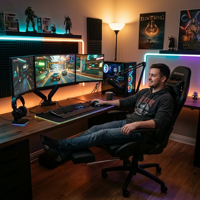 Gamer comfortably using Dowinx gaming chair at a triple-monitor battlestation setup
