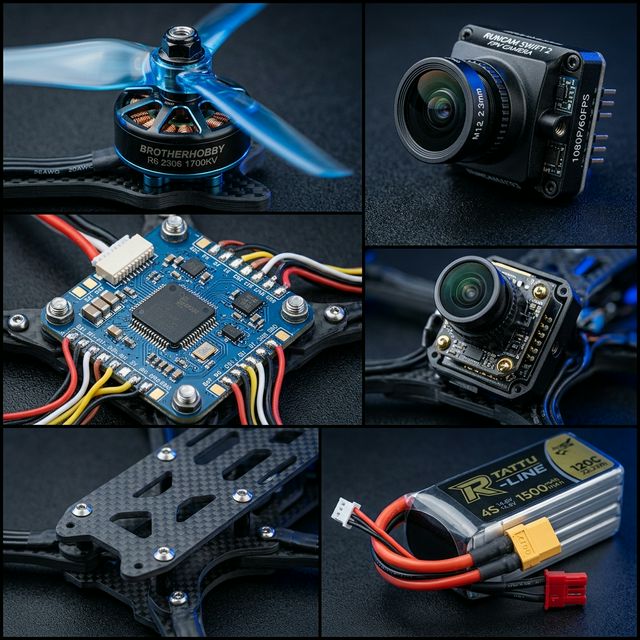 Close-up of FPV drone components including brushless motor, camera, flight controller and LiPo battery