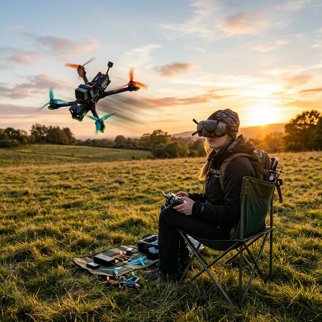 FPV pilot flying racing drone outdoors wearing goggles in grassy field at sunset
