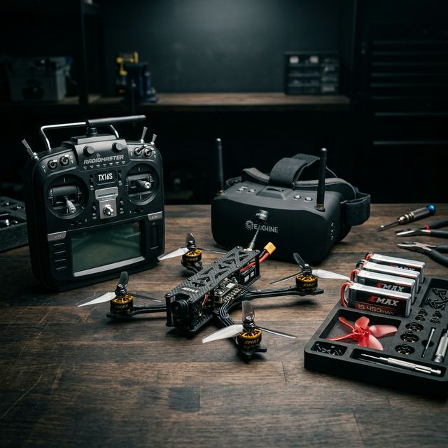 Emax FPV racing drone kit with quadcopter, goggles, radio controller and batteries on workbench