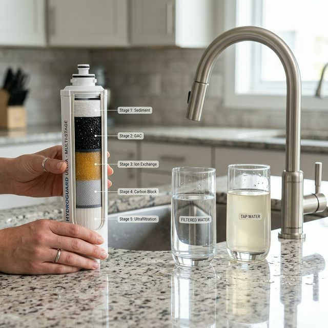 Multi-stage water filtration cartridge with before and after water quality comparison