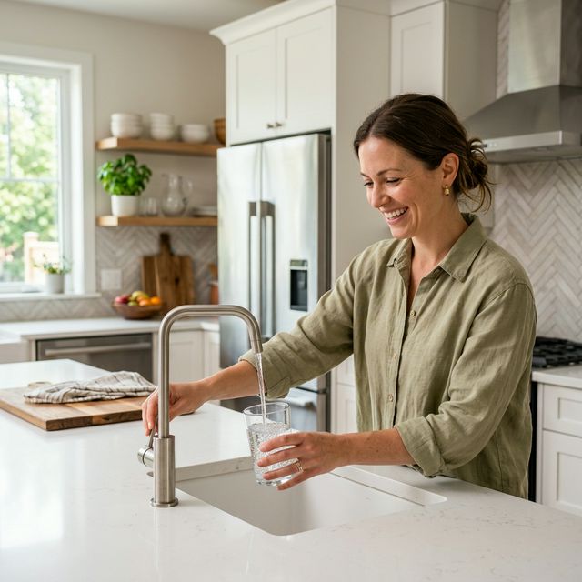 Happy homeowner filling glass with clean filtered water from Frizzlife faucet in modern kitchen