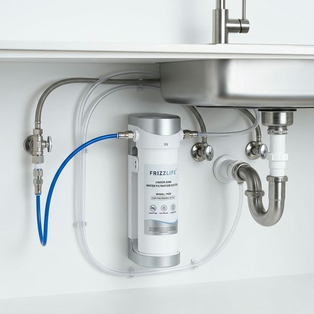 Frizzlife under-sink water filtration system installed in a modern kitchen
