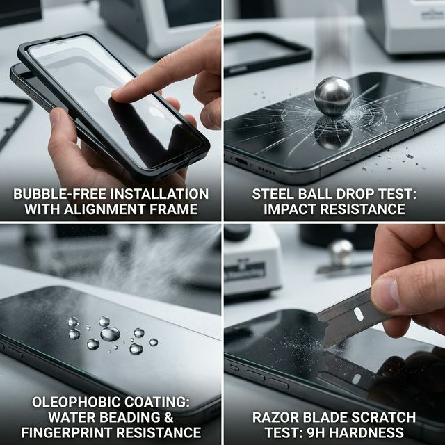 Screen protector features showing bubble-free installation, impact resistance, and 9H hardness test