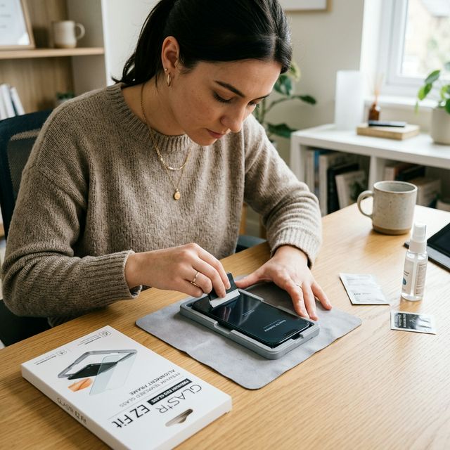 Person applying Magic John tempered glass screen protector to smartphone with alignment frame