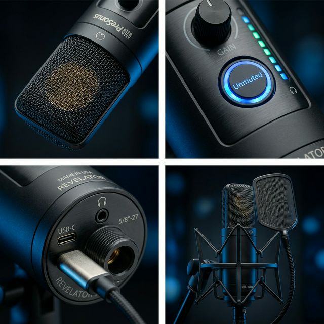 Close-up details of USB condenser microphone features including mesh grille, mute button, and USB-C connector