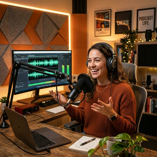 Content creator recording podcast with Maono microphone in a professional home studio
