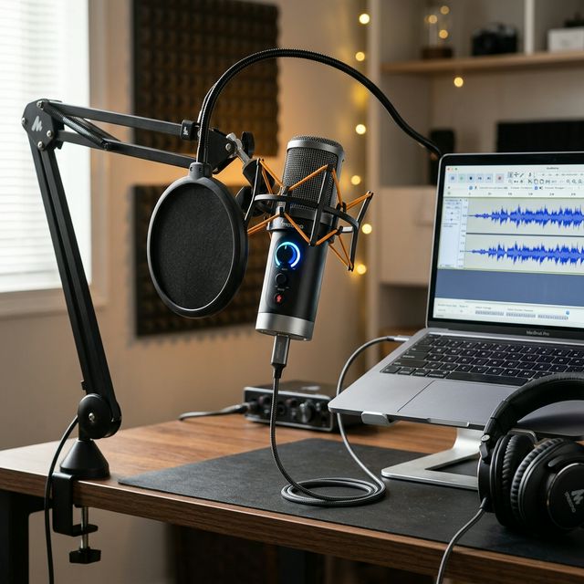 Maono USB condenser microphone setup for podcasting with boom arm, pop filter, and headphones