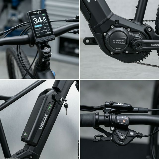 Close-up of electric bike components including LCD display, motor hub, and removable battery