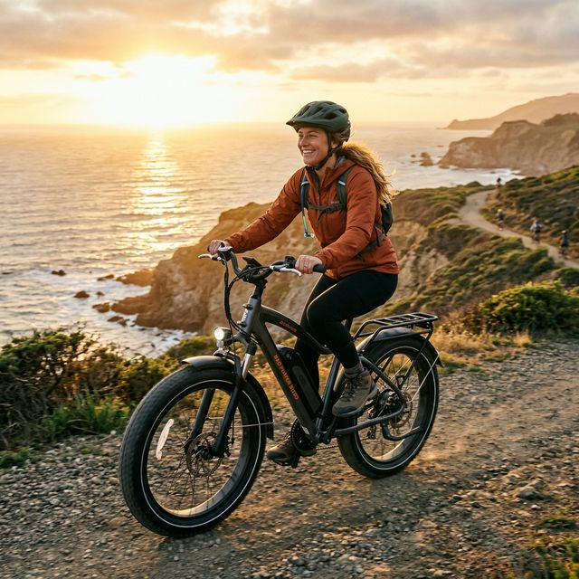 Person riding Mokwheel electric bike on scenic coastal trail during golden hour sunset