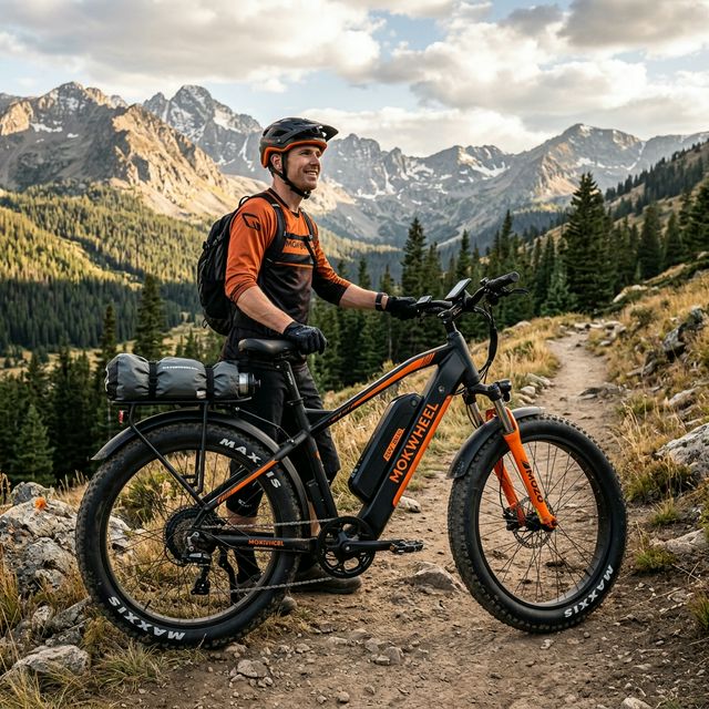 Mokwheel fat-tire electric bike on a mountain trail with powerful motor and integrated battery