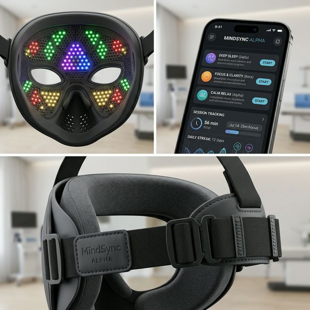 Detail of NeuRovizr LED light array, app interface with brain wave programs, and padded interior
