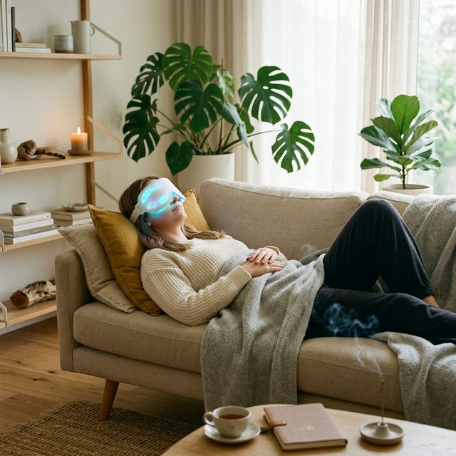 Person relaxing on sofa wearing NeuRovizr light therapy mask during brain wellness session