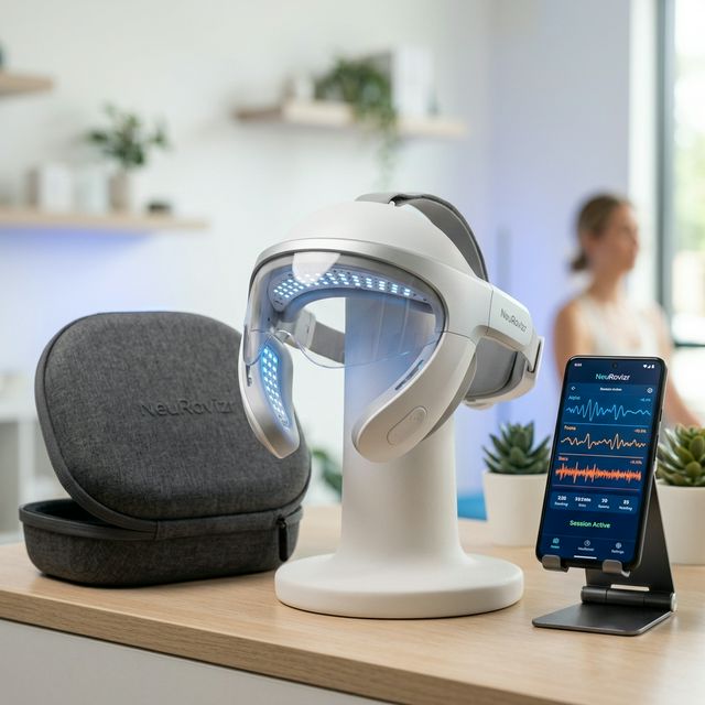 NeuRovizr brain wellness light therapy headset with carrying case and companion app