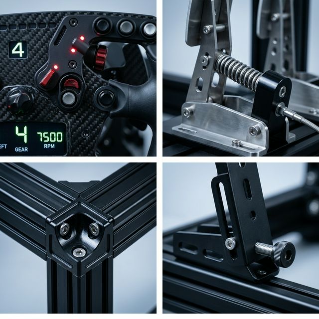 Close-up of sim racing hardware showing carbon fiber steering wheel, pedals, and aluminum frame joints
