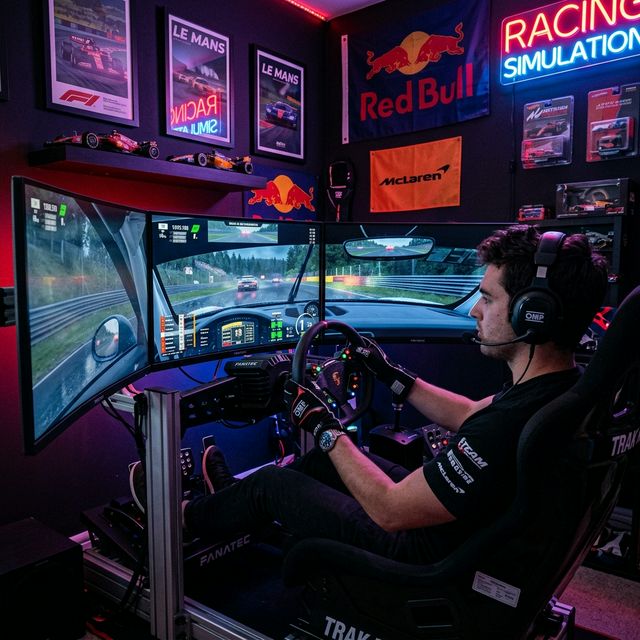 Sim racing enthusiast immersed in virtual race on Simsonn cockpit with triple monitors