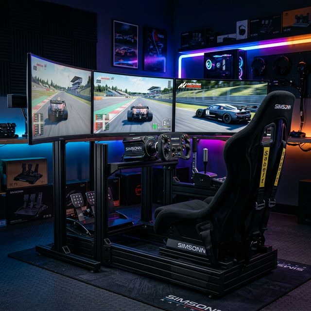 Simsonn premium sim racing cockpit with triple monitors, direct drive wheel, and load cell pedals