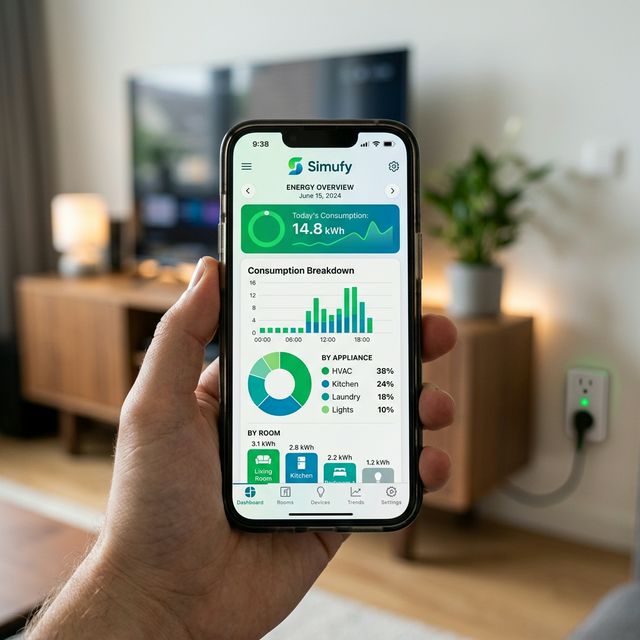 Simufy mobile app showing detailed energy consumption breakdown by room and appliance