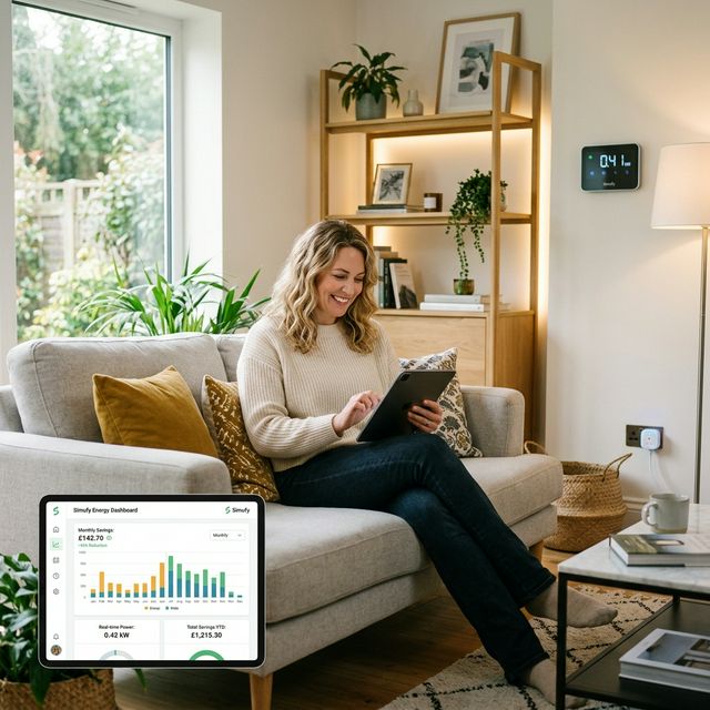 Homeowner using Simufy smart home energy monitoring system in a modern living room