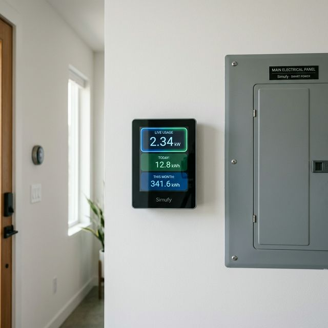 Simufy Smart Energy Monitor mounted on wall showing real-time energy usage