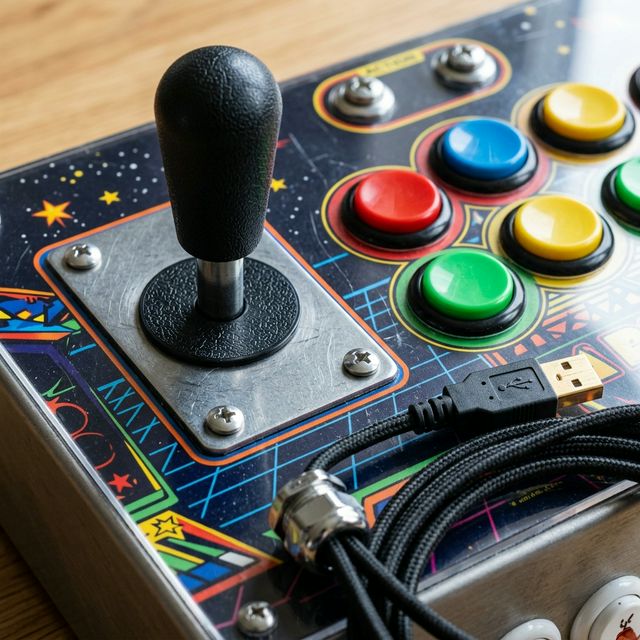 Close-up of arcade joystick, colorful push buttons, and USB connection showing premium build quality