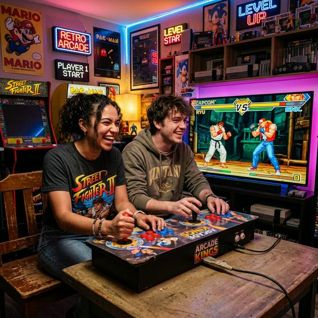 Two friends excitedly playing retro arcade fighting game with X-Arcade controller in game room