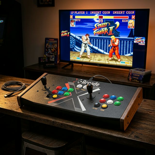 X-Arcade dual joystick arcade controller with authentic buttons next to TV showing Street Fighter
