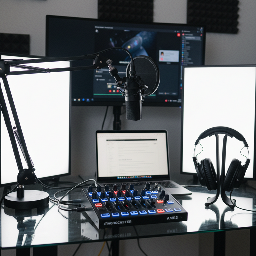 Maonocaster AME2 desktop podcast mixer setup
